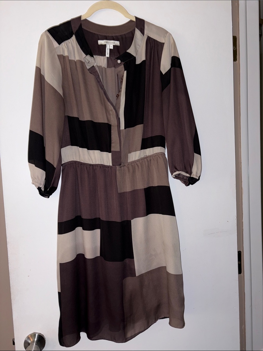 Max & Cleo Colorblock Long Sleeve Midi Dress in Taupe, Black, Cream